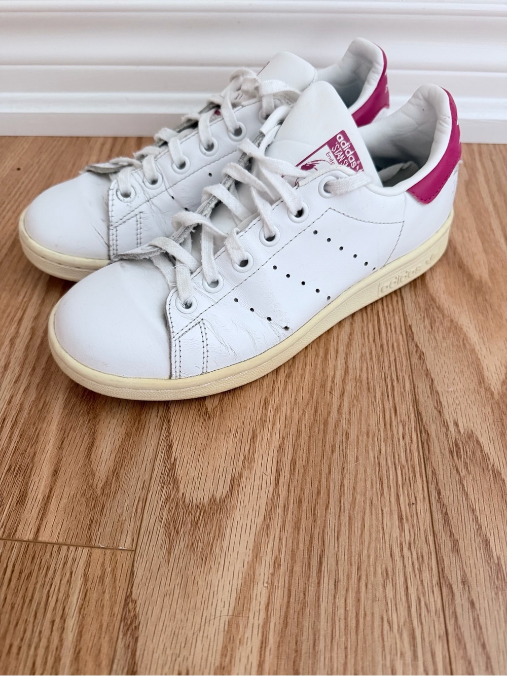 adidas White & Pink Stan Smith Sneakers, size 4